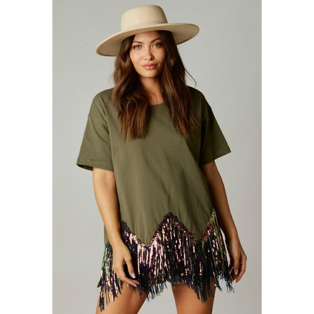 Here for the Fringe Chevron Sequin Top in Olive - Picture 2 of 8